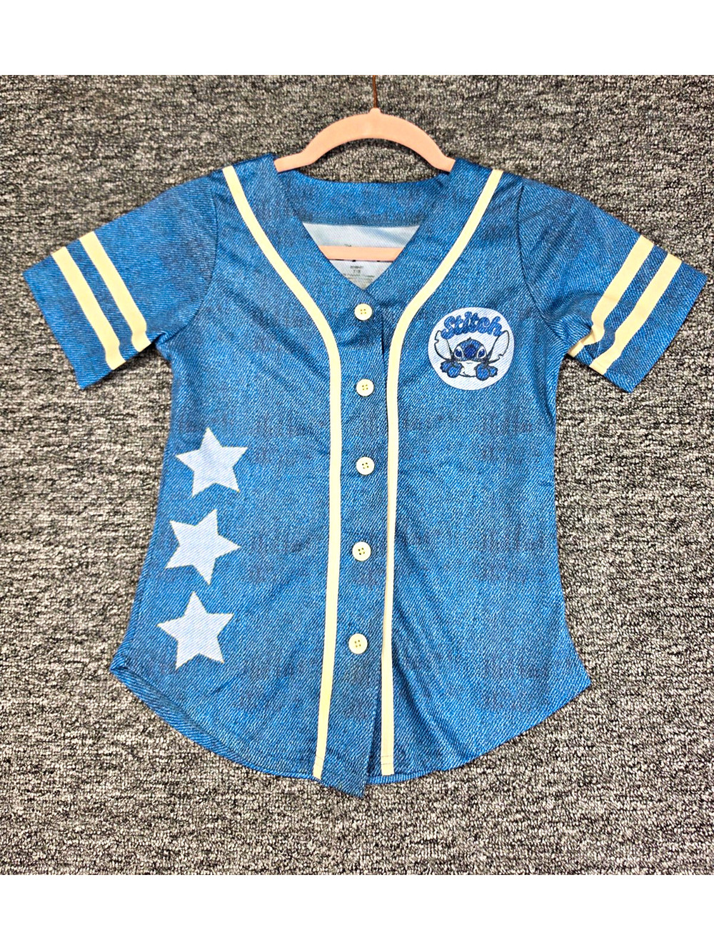 Disney Stitch Girls Size 7 Blue/White Stars Button-Up V-Neck Jersey Top